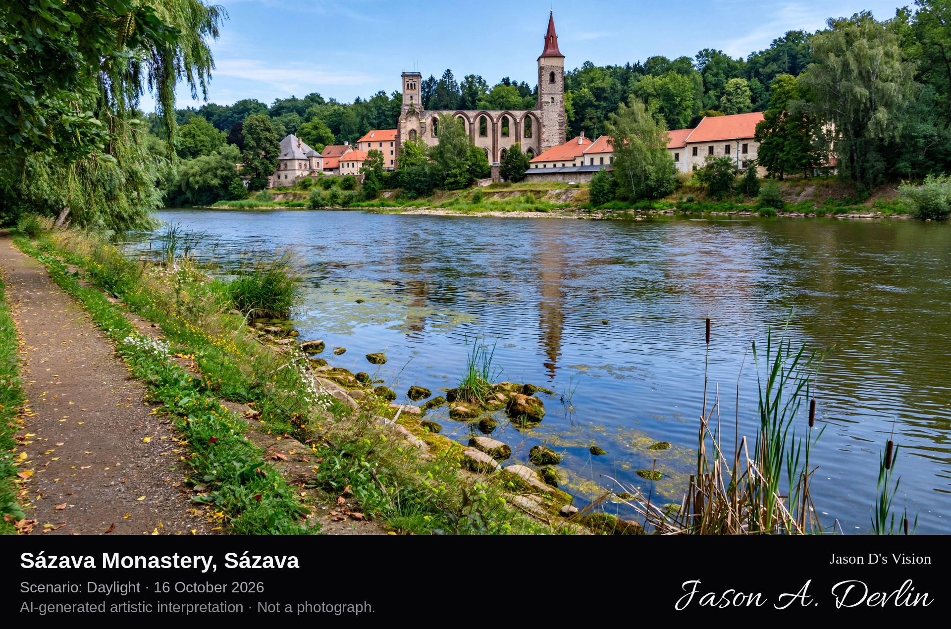 AI-generated artistic interpretation of Sázava Monastery, Sázava, Czechia.