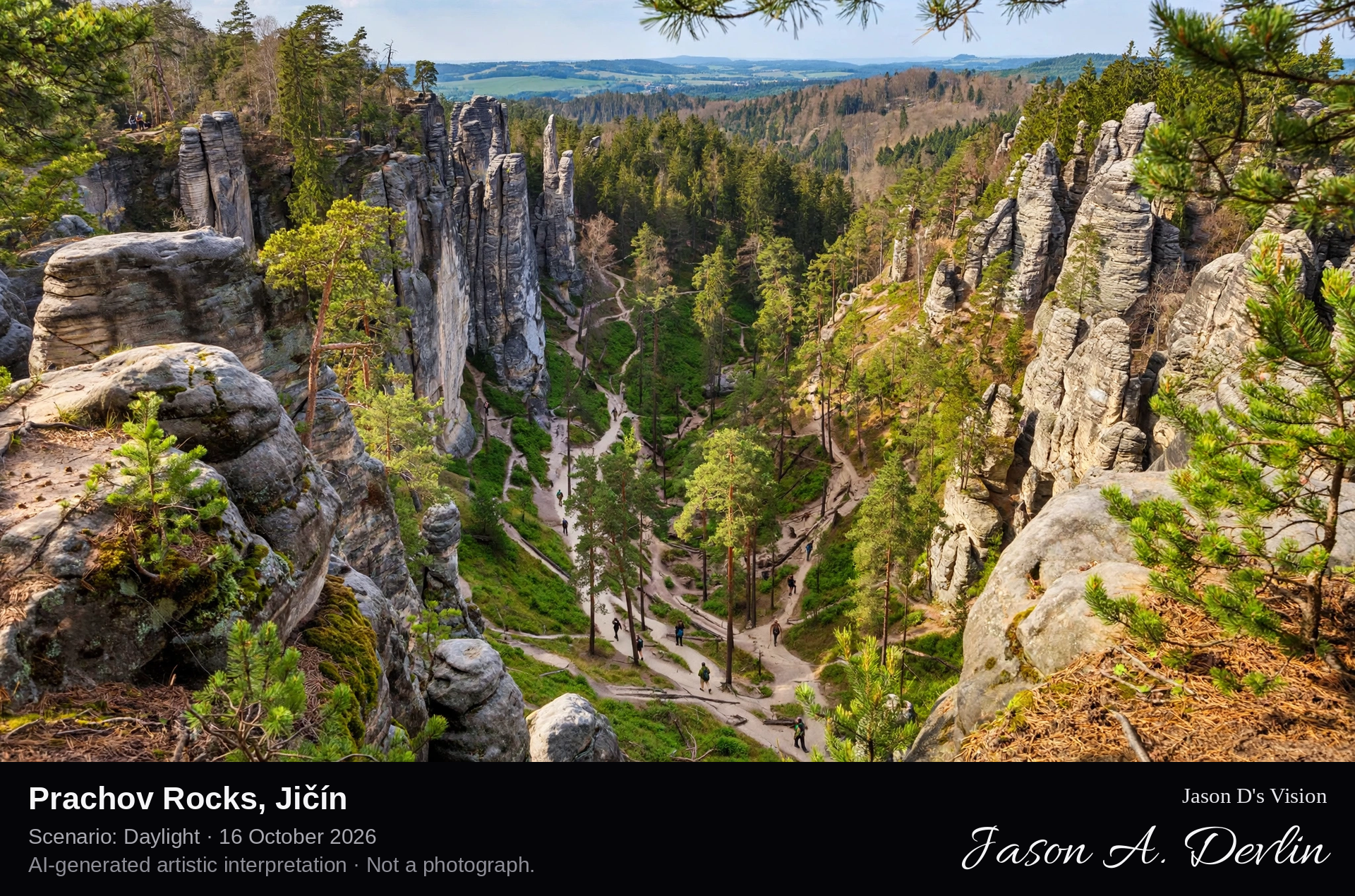 AI-generated artistic interpretation of Prachov Rocks, Jičín, Czechia.