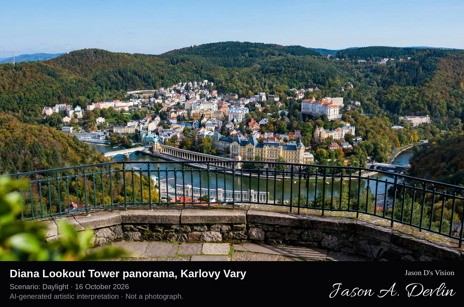 AI-generated artistic interpretation of Diana Lookout Tower panorama, Karlovy Vary, Czechia.