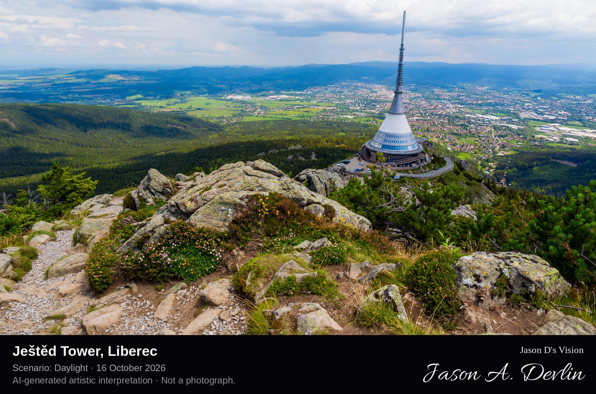 AI-generated artistic interpretation of Ještěd Tower, Liberec, Czechia.