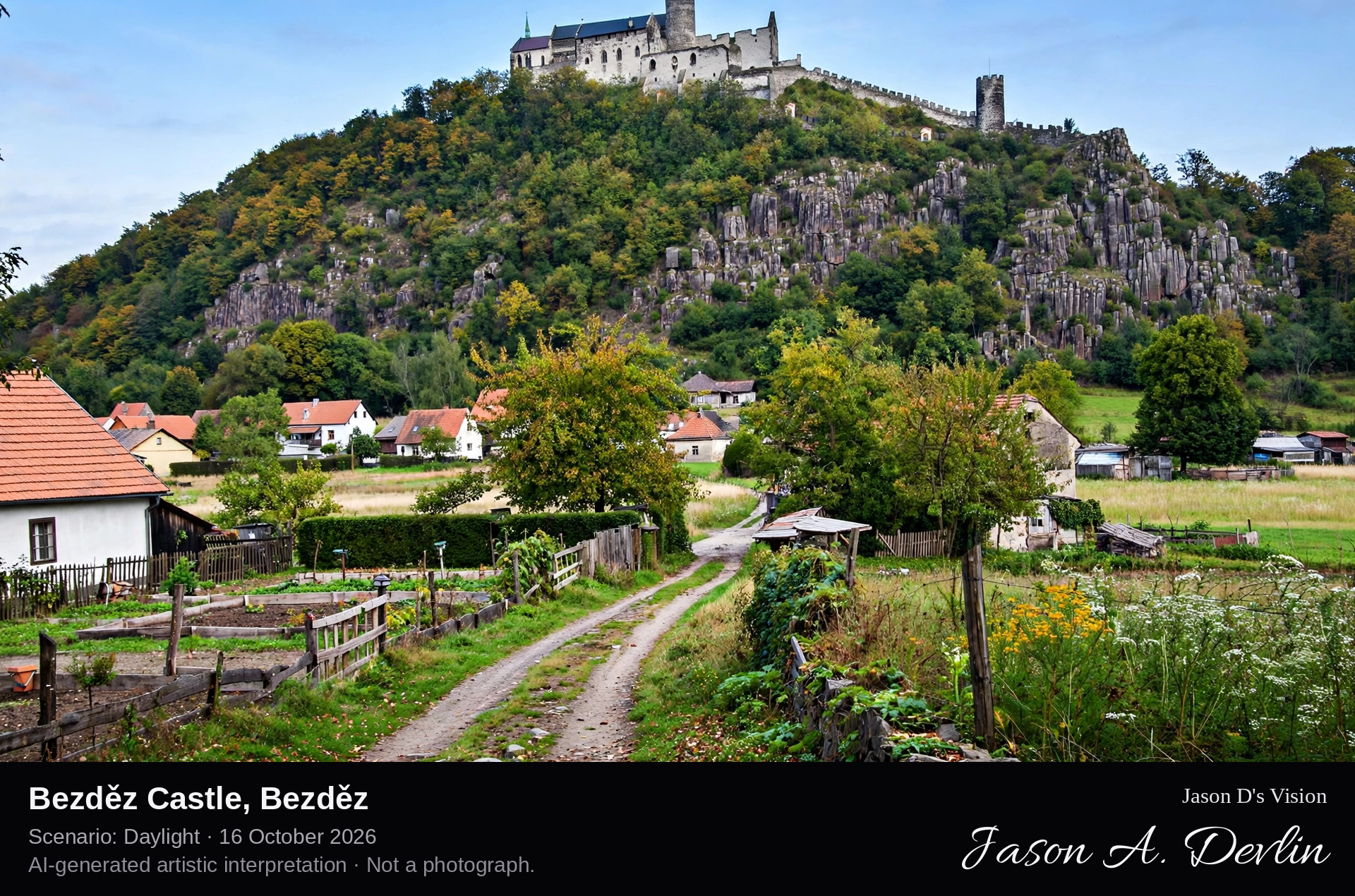 AI-generated artistic interpretation of Bezděz Castle, Bezděz, Czechia.
