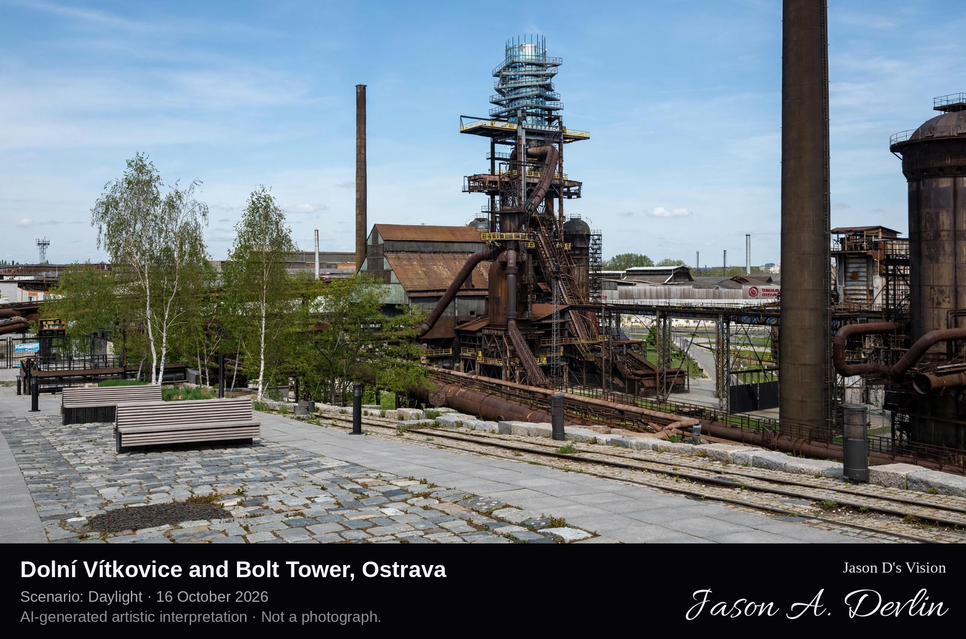 AI-generated artistic interpretation of Dolní Vítkovice and Bolt Tower, Ostrava, Czechia.