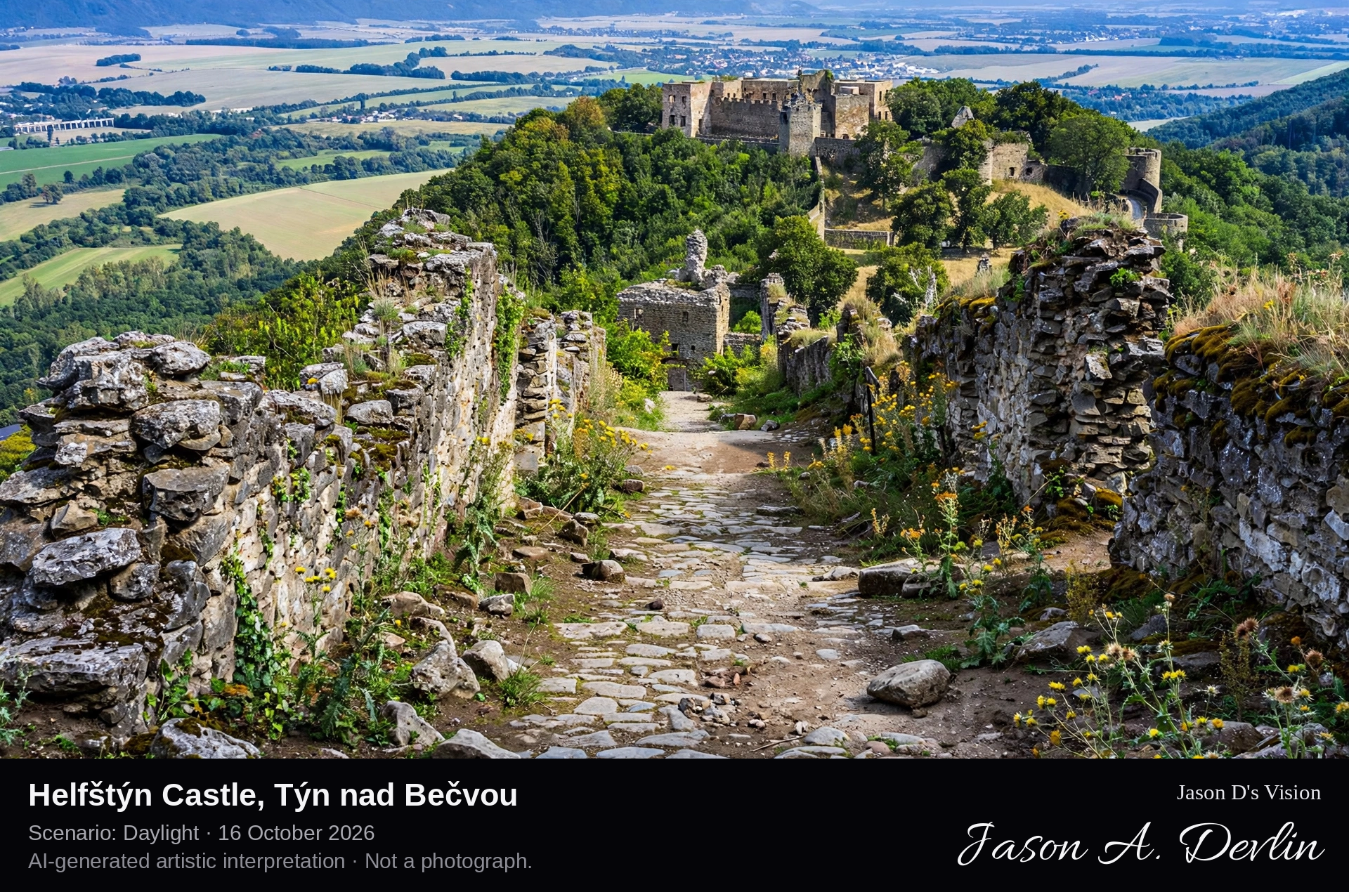 AI-generated artistic interpretation of Helfštýn Castle, Týn nad Bečvou, Czechia.