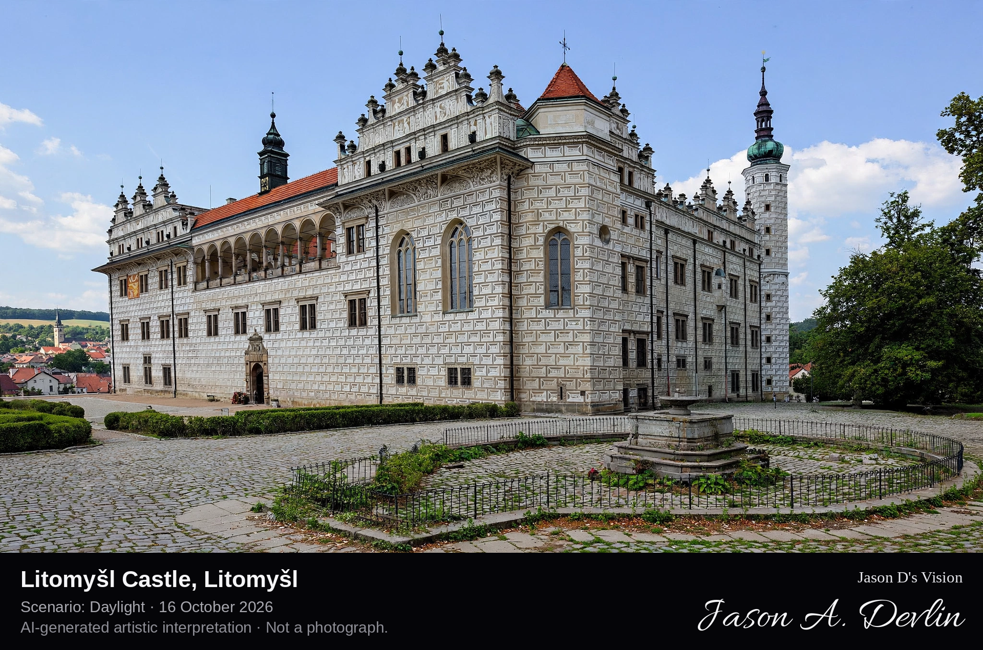 AI-generated artistic interpretation of Litomyšl Castle, Litomyšl, Czechia.