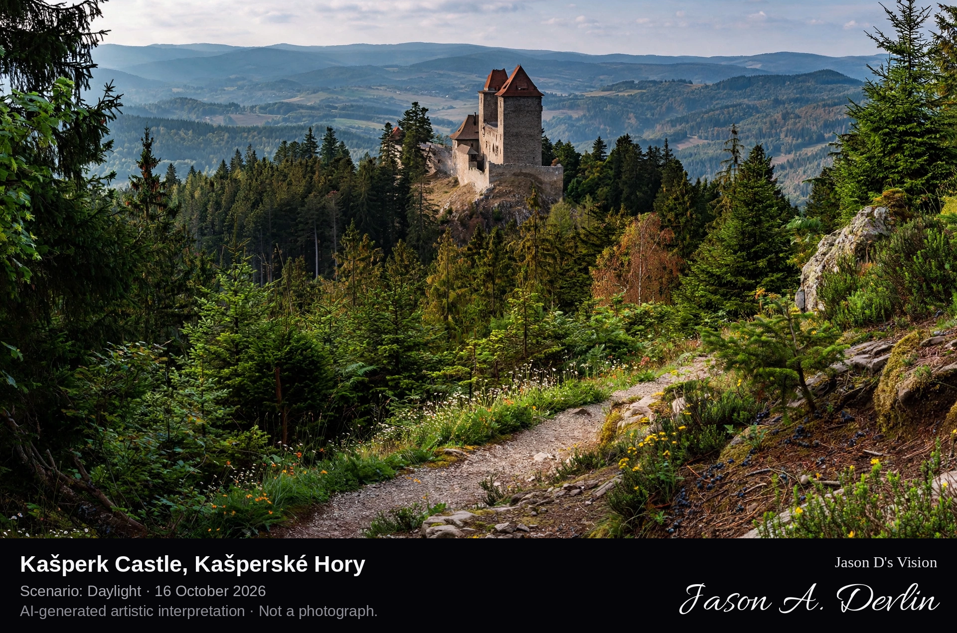 AI-generated artistic interpretation of Kašperk Castle, Kašperské Hory, Czechia.