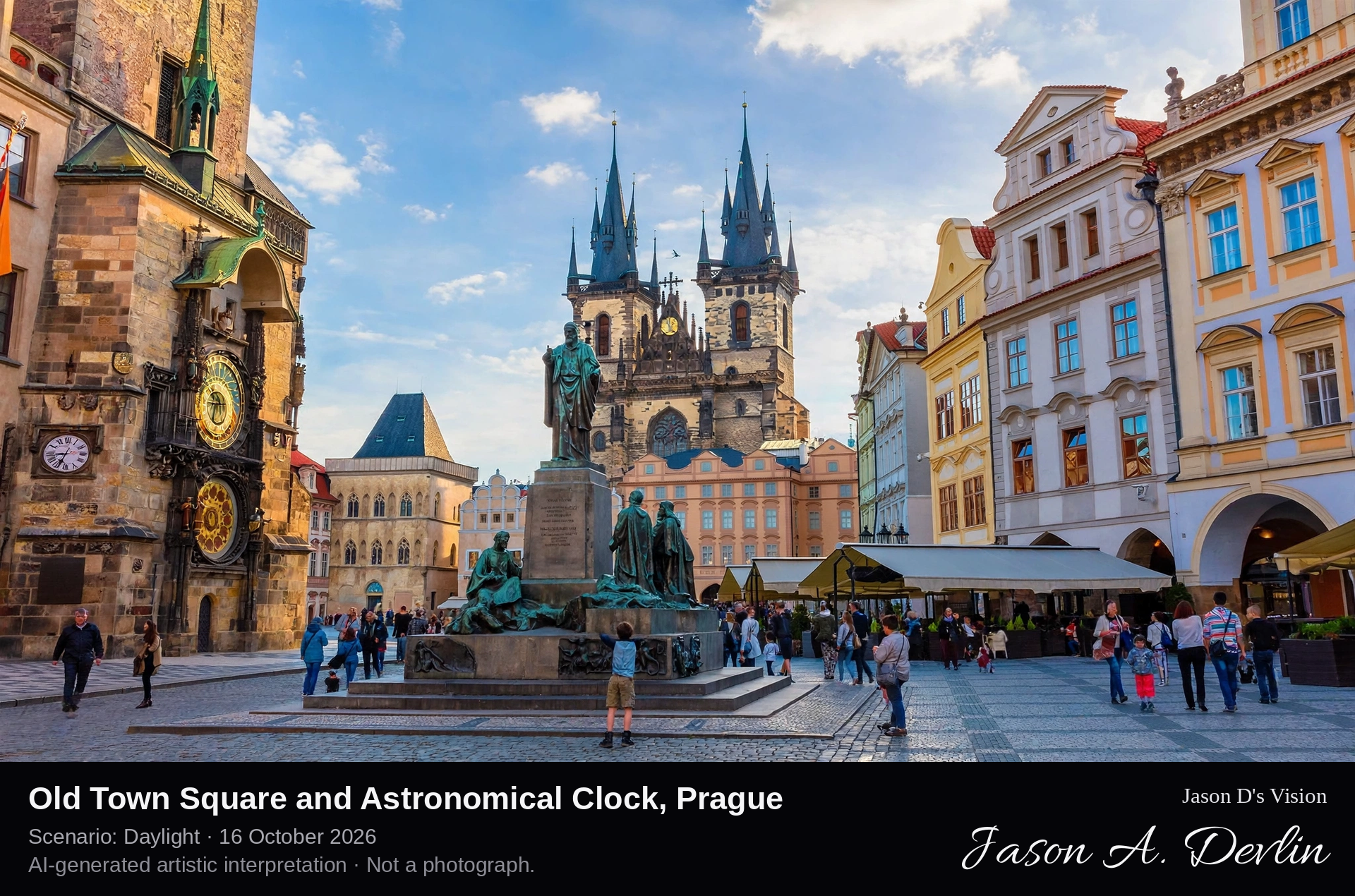 AI-generated artistic interpretation of Old Town Square and Astronomical Clock, Prague, Czechia.