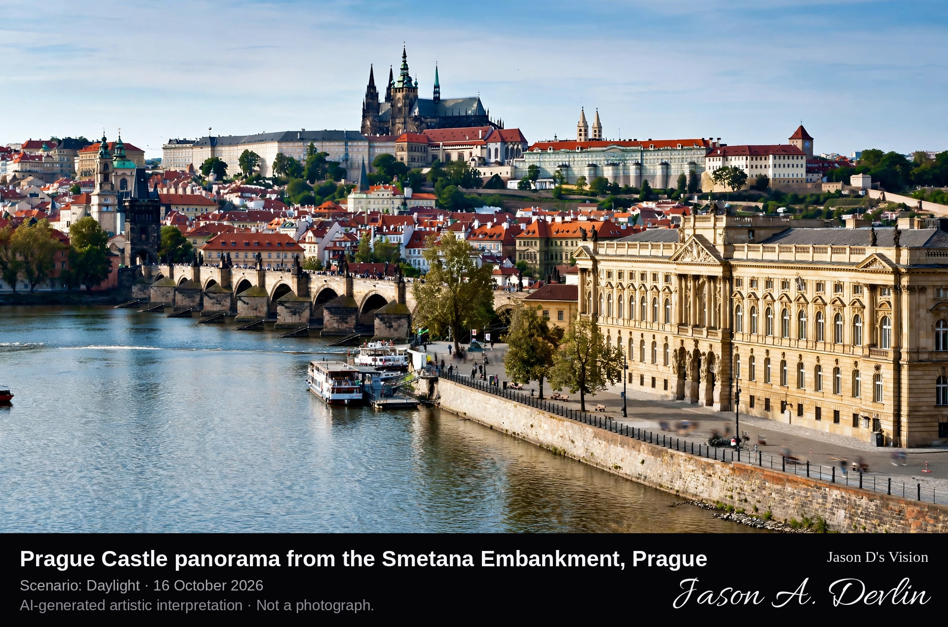 Prague Castle panorama from the Smetana Embankment, Prague