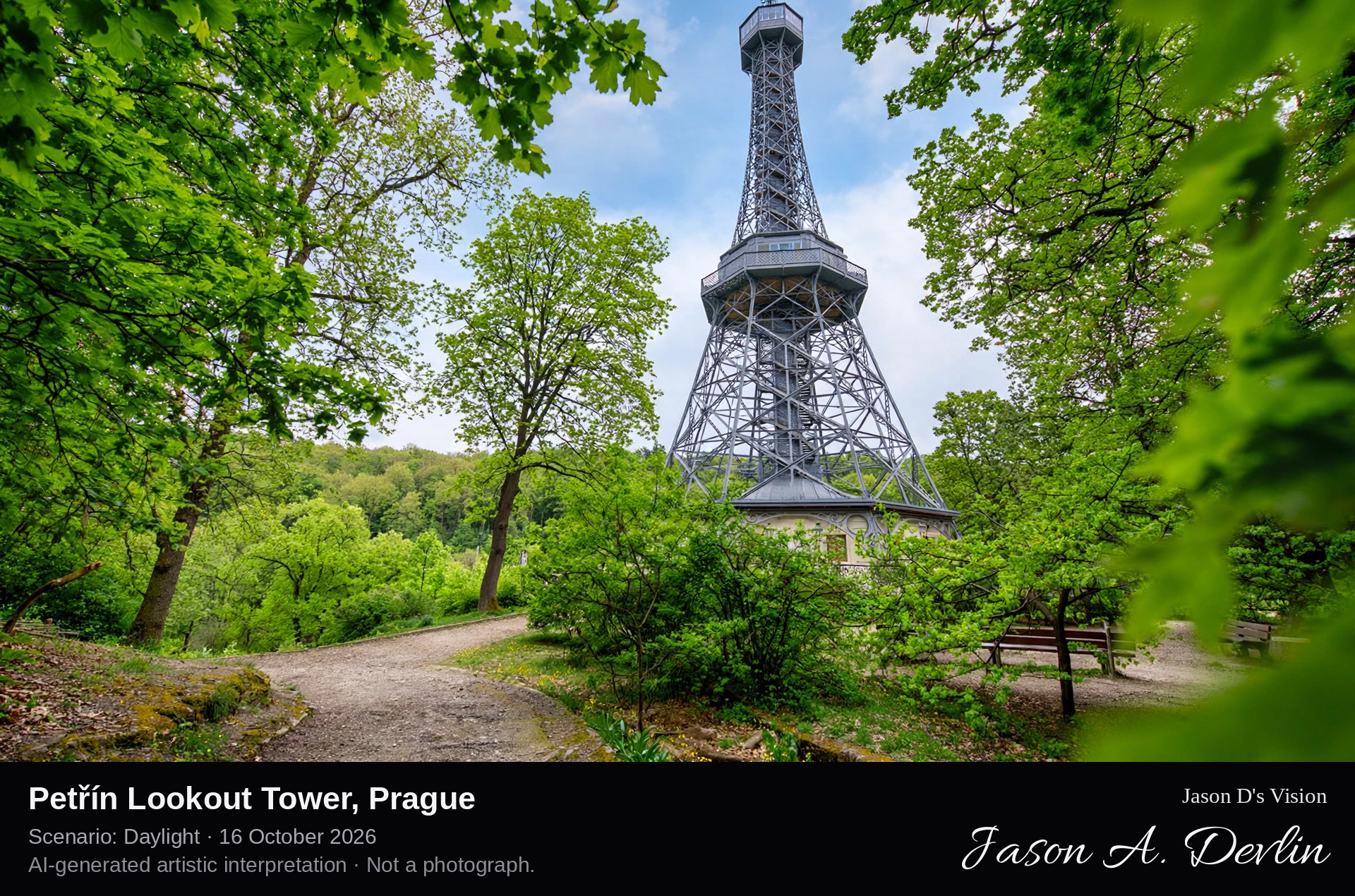AI-generated artistic interpretation of Petřín Lookout Tower, Prague, Czechia.