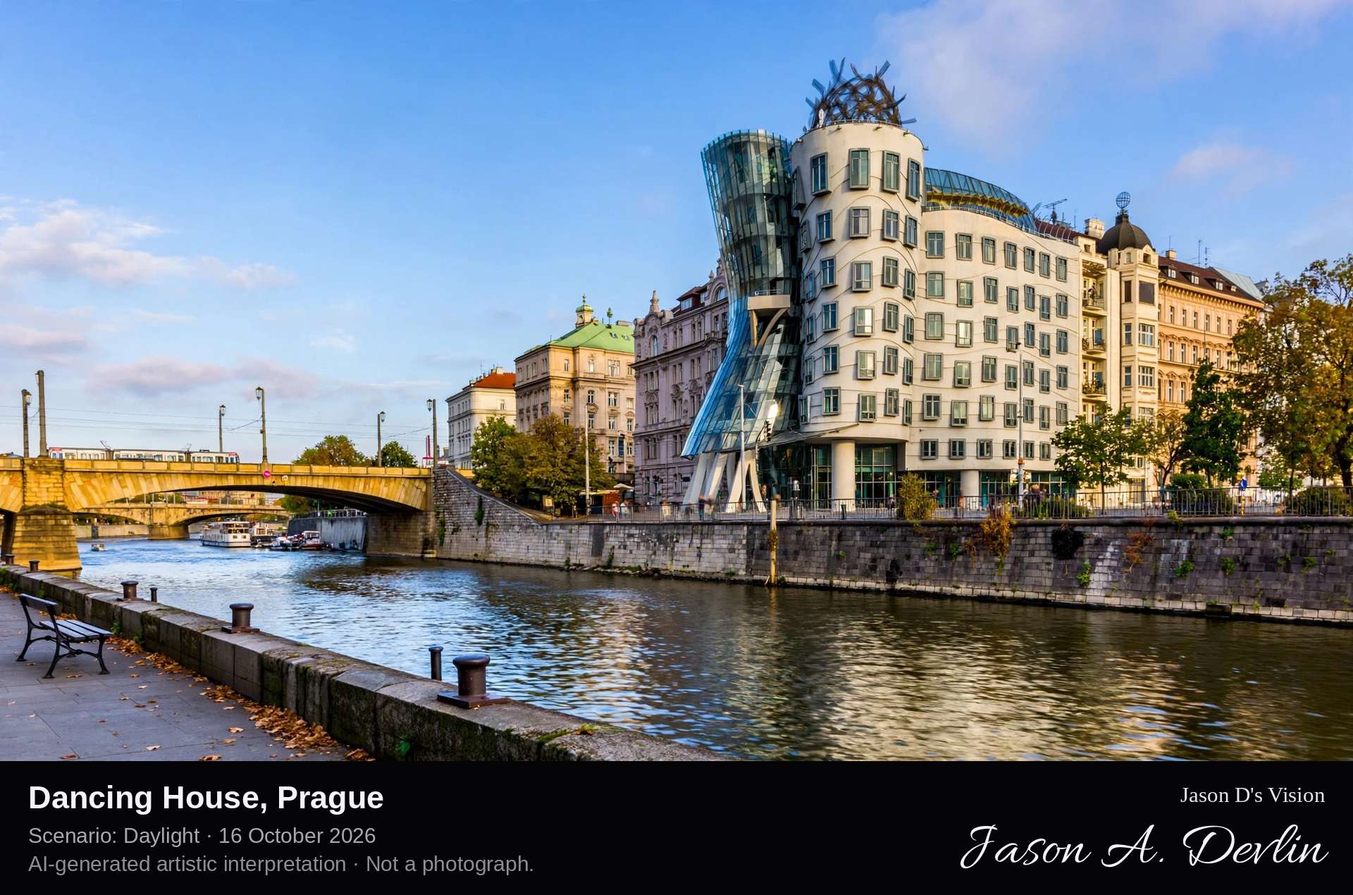 AI-generated artistic interpretation of Dancing House, Prague, Czechia.