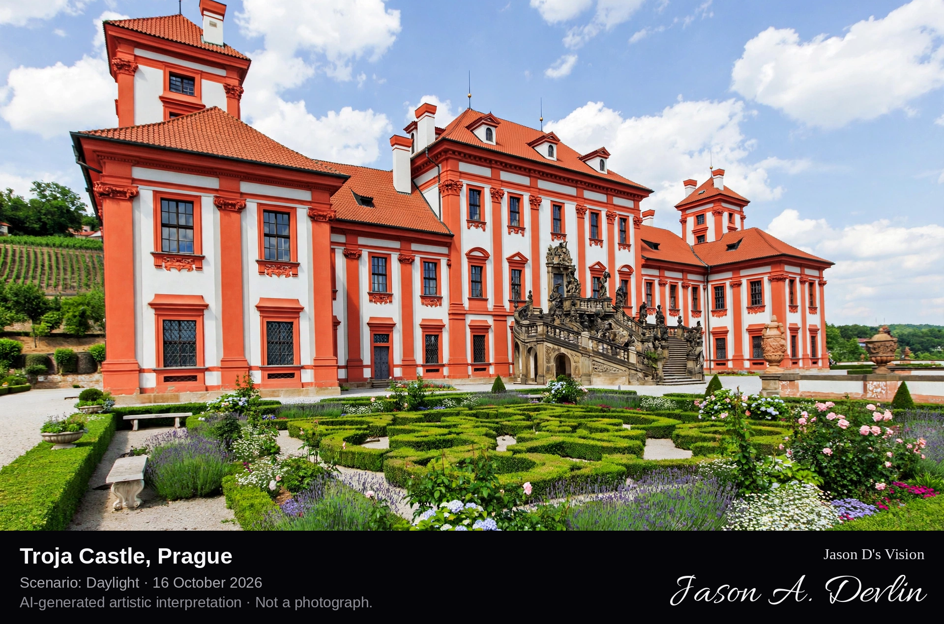 AI-generated artistic interpretation of Troja Castle, Prague, Czechia.