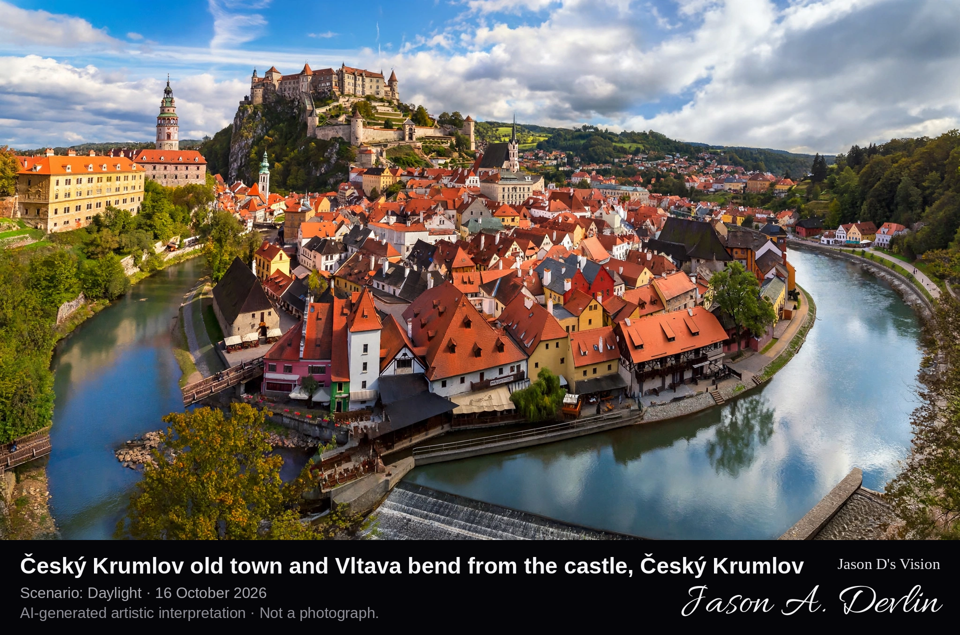 Český Krumlov old town and Vltava bend from the castle, Český Krumlov