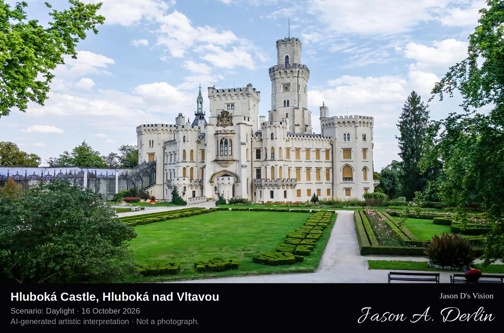 AI-generated artistic interpretation of Hluboká Castle, Hluboká nad Vltavou, Czechia.