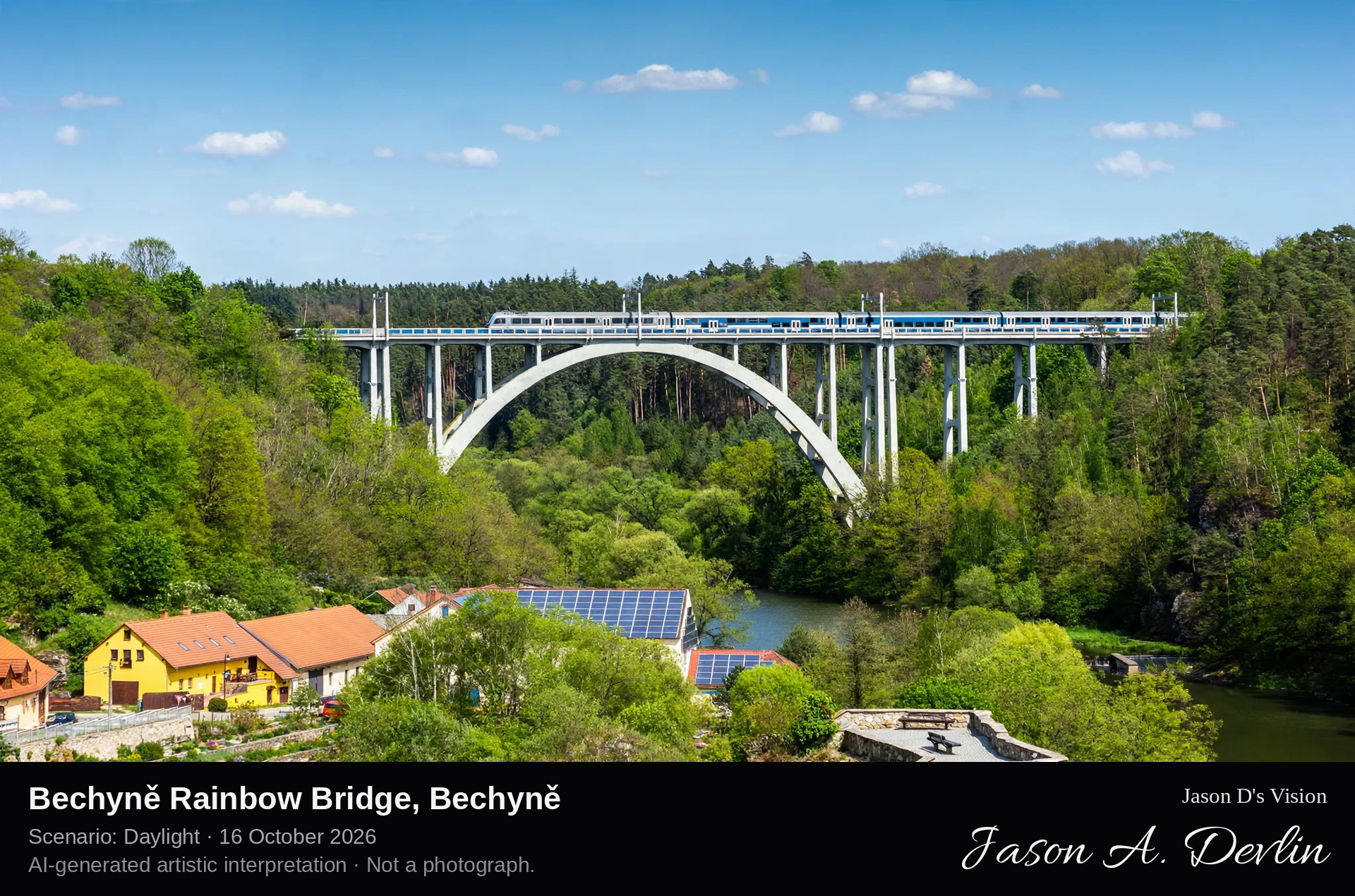 AI-generated artistic interpretation of Bechyně Rainbow Bridge, Bechyně, Czechia.