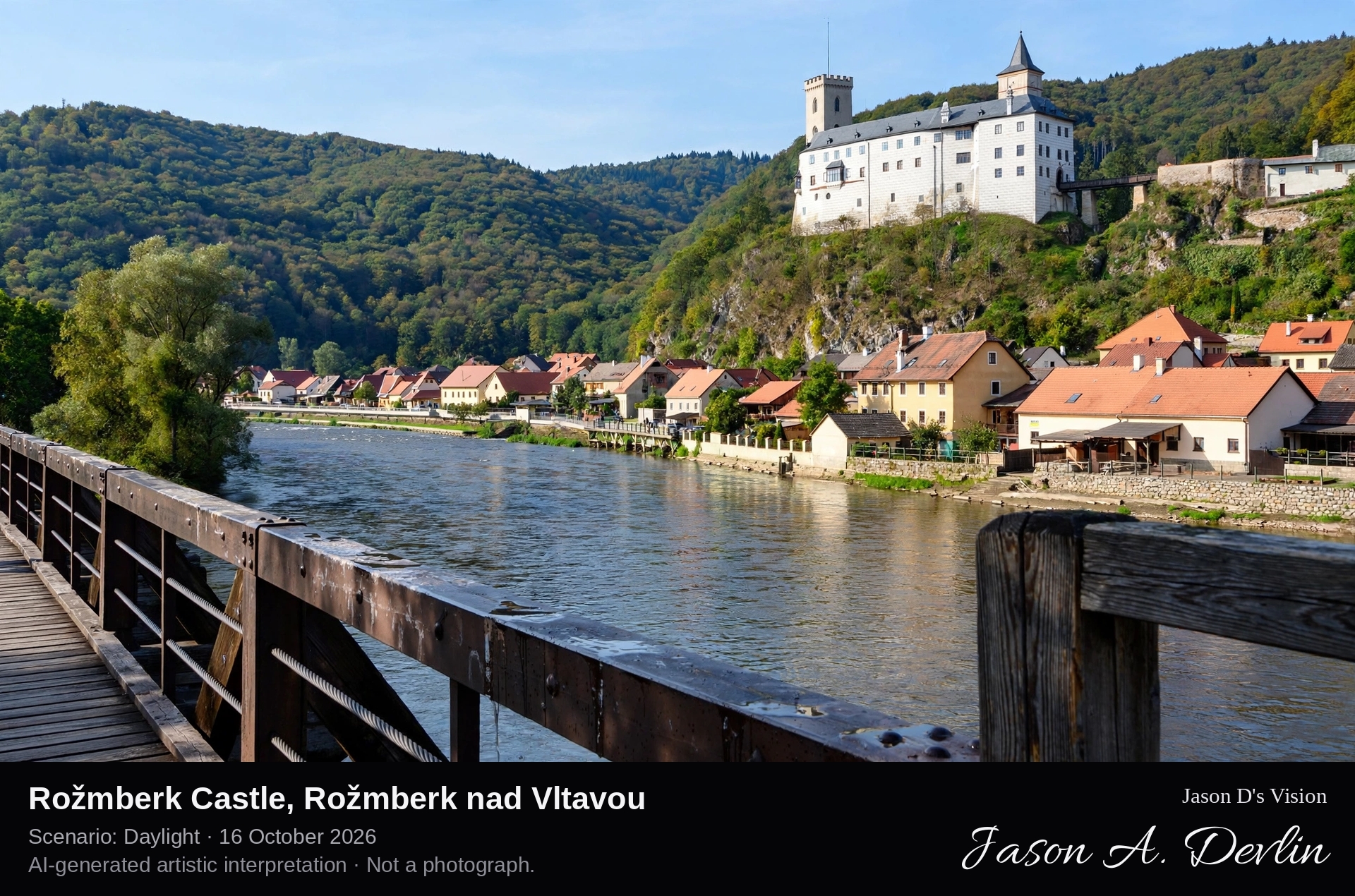 AI-generated artistic interpretation of Rožmberk Castle, Rožmberk nad Vltavou, Czechia.