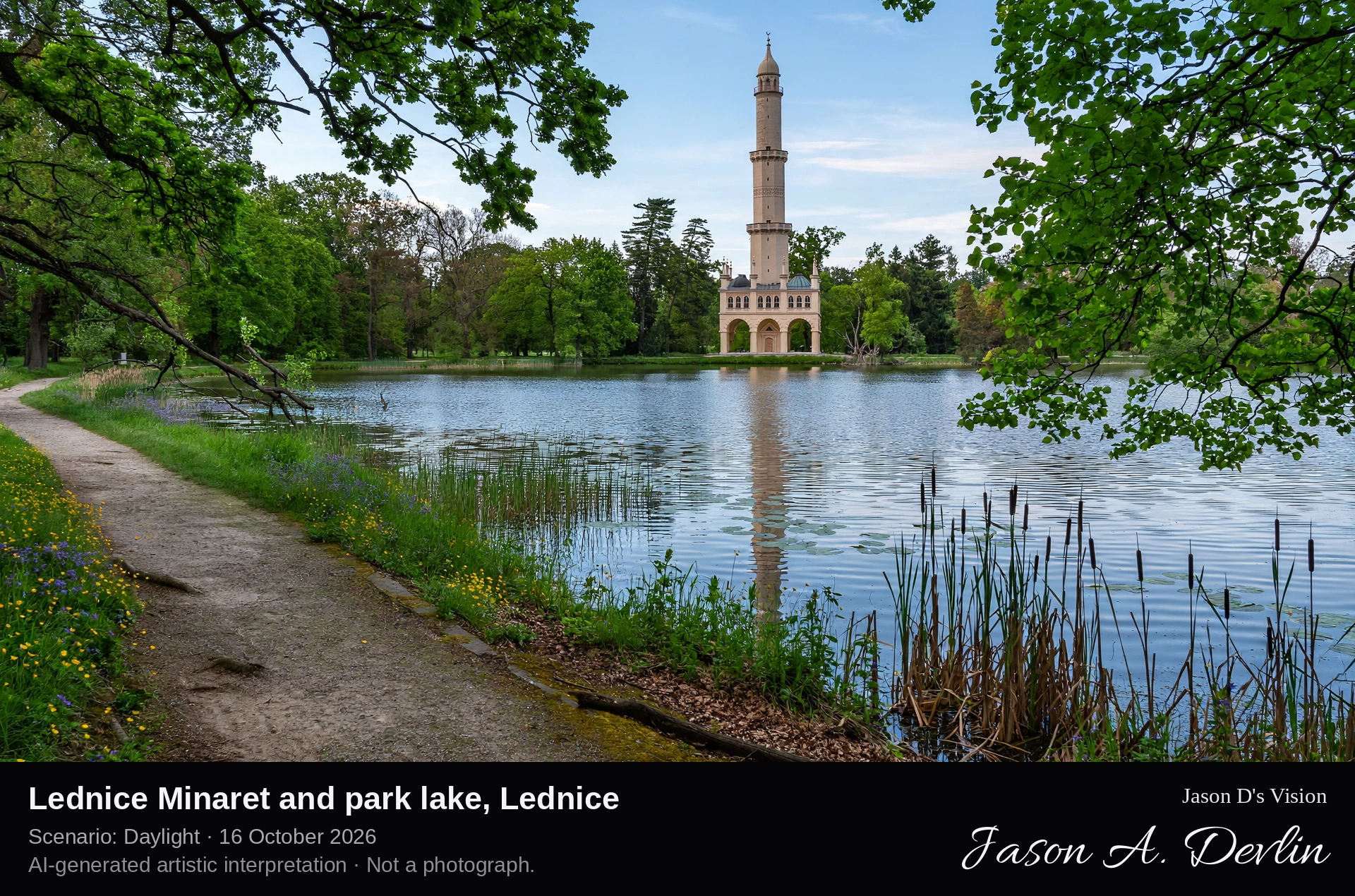 Lednice Minaret and park lake, Lednice