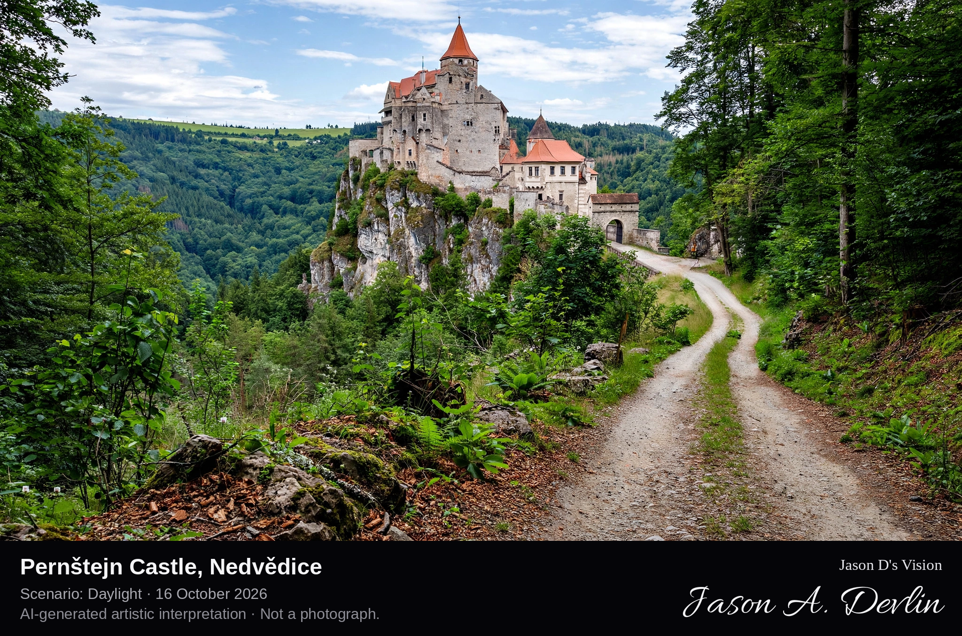 AI-generated artistic interpretation of Pernštejn Castle, Nedvědice, Czechia.