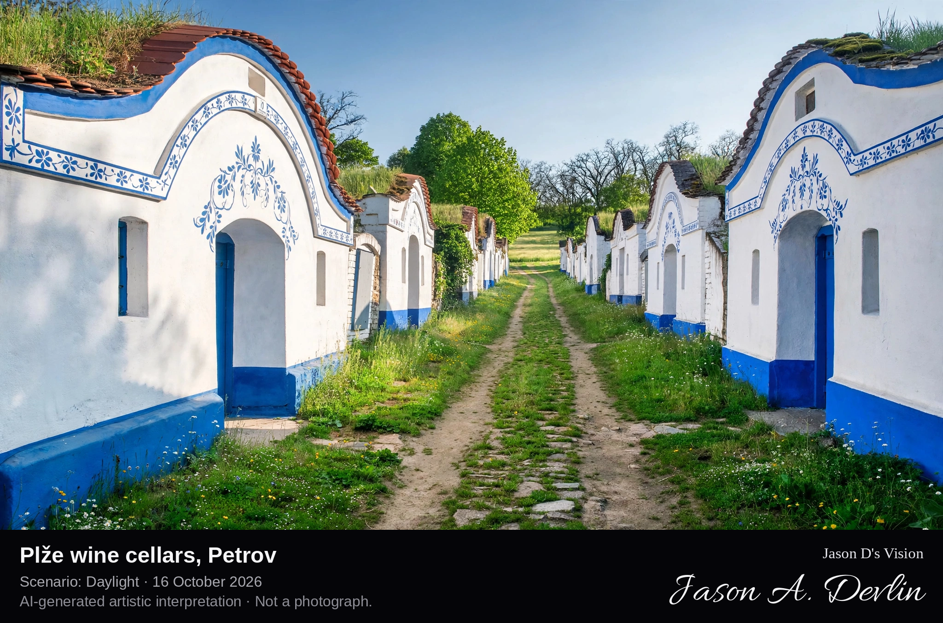 AI-generated artistic interpretation of Plže wine cellars, Petrov, Czechia.