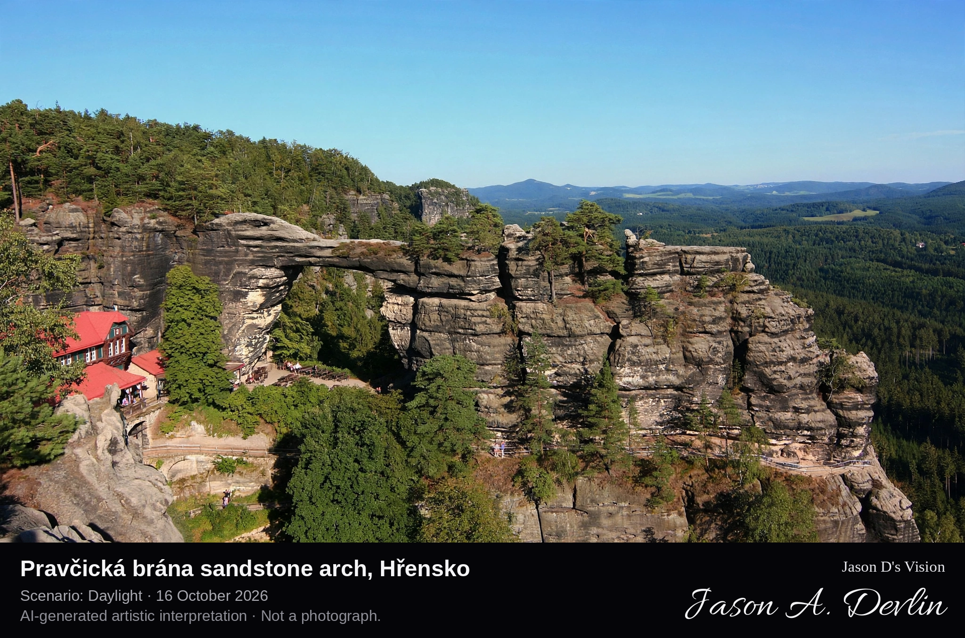 AI-generated artistic interpretation of Pravčická brána sandstone arch, Hřensko, Czechia.