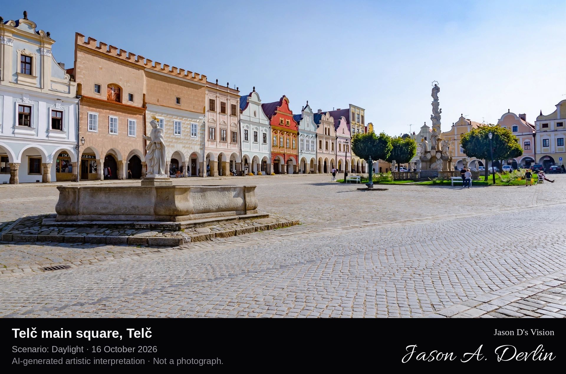 AI-generated artistic interpretation of Telč main square, Telč, Czechia.