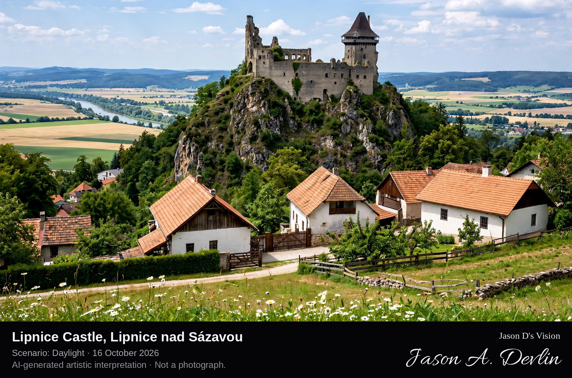 AI-generated artistic interpretation of Lipnice Castle, Lipnice nad Sázavou, Czechia.