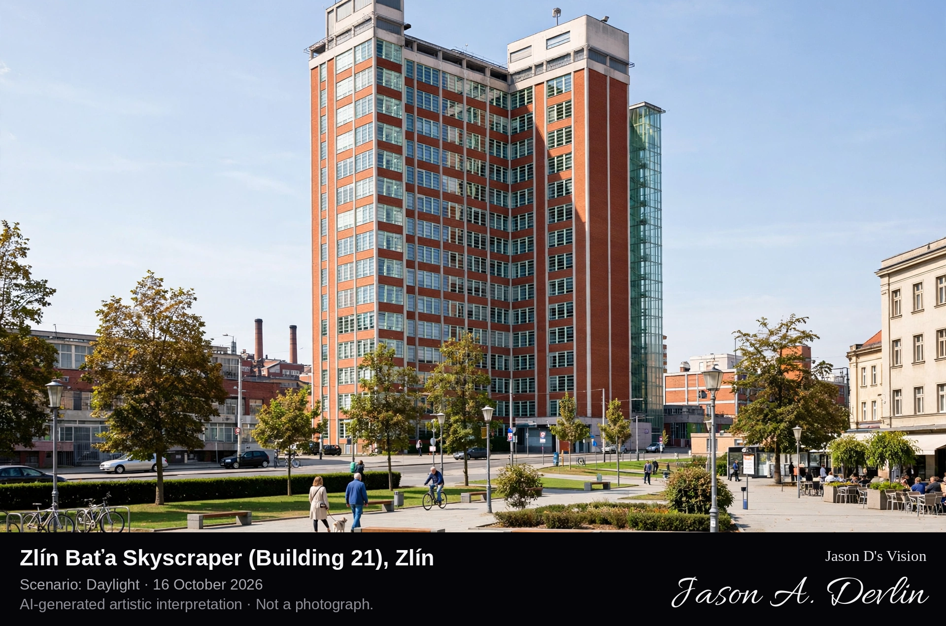 AI-generated artistic interpretation of Zlín Baťa Skyscraper (Building 21), Zlín, Czechia.